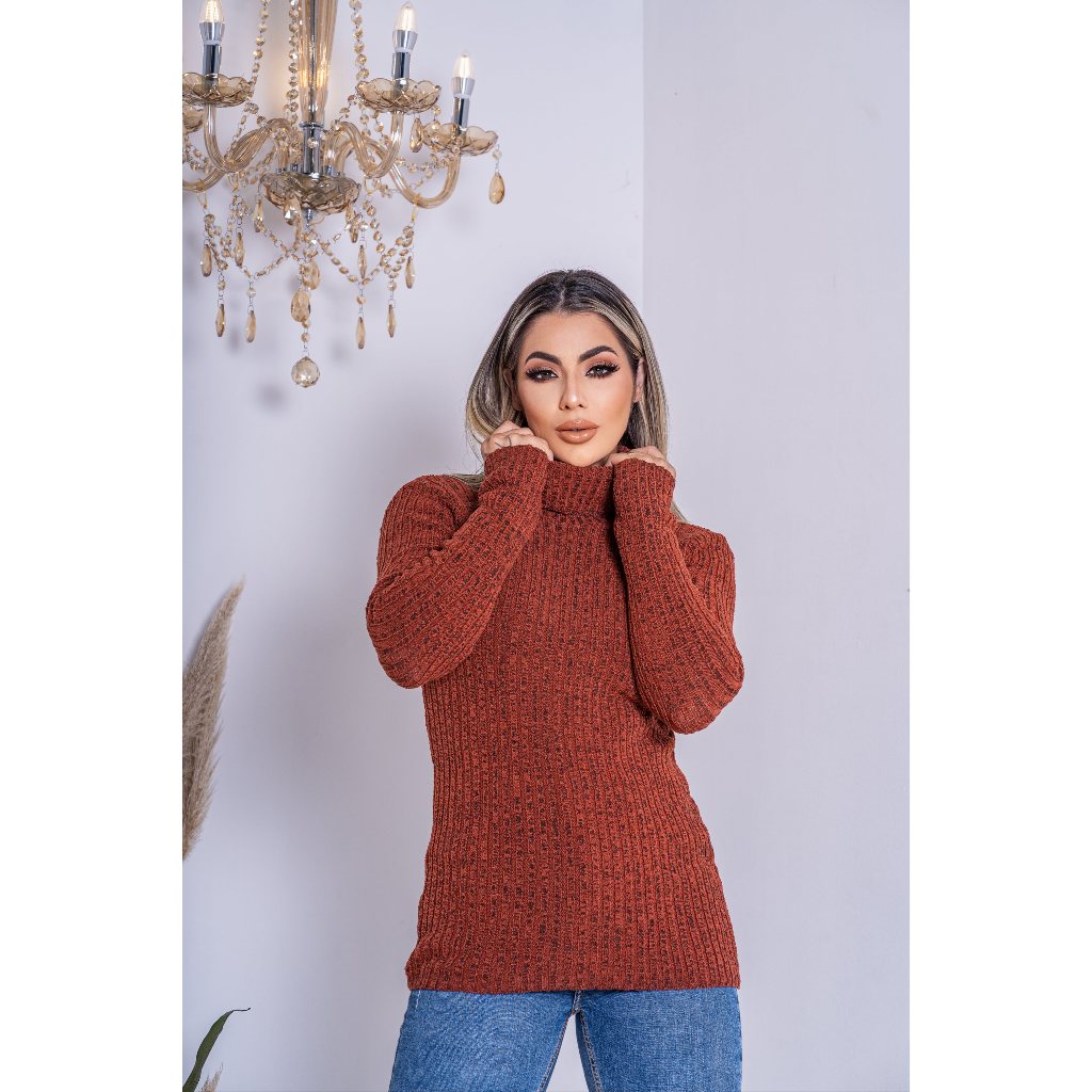 Blusa Cacharrel Lã Grossa de Frio em Tricot de Inverno Canelada com Gola alta
