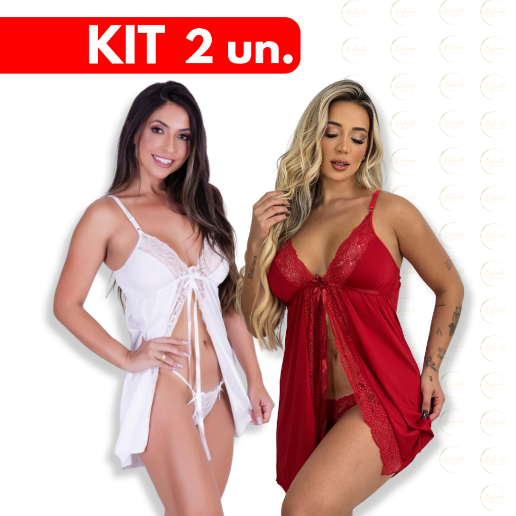 Kit 2 Camisola Aberta De Renda Luxo Com Calcinha