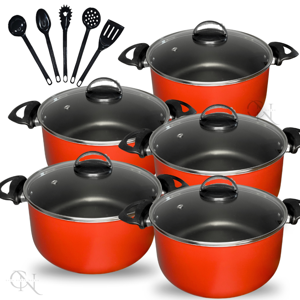 Kit Jogo de Panelas 10 peças Caçarolas Antiaderente Teflon com Tampa Vidro e Utensílios Cor Vermelho e Grafite em Oferta na Shopee
