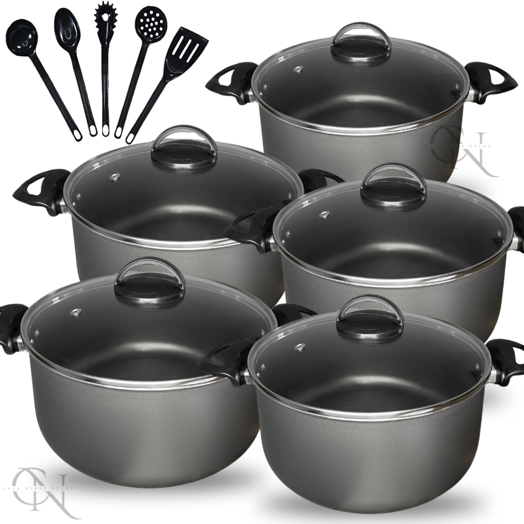 Kit Jogo de Panelas 10 peças Caçarolas Antiaderente Teflon com Tampa Vidro e Utensílios