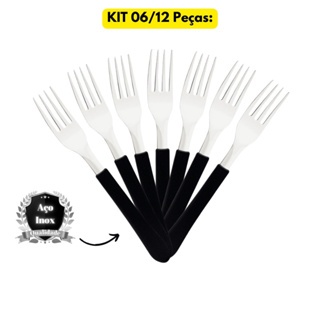 Kit Jogo 06/12UN Garfo Aço Inox Original Cabo Preto Color Line Buffet Utensílios Cozinha Almoço Refeitório Restaurante Jantar Mesa Posta