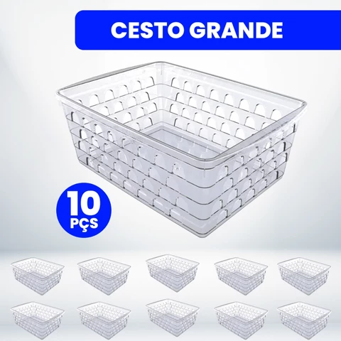 Kit com 10 Cestos Organizadores Multiuso Transparente 21,5x17x7,5cm Grande