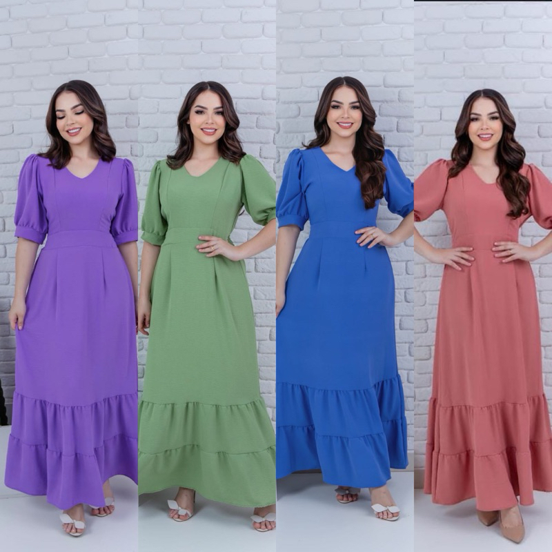 Vestido longo feminino tecido duna de manga curta moda evangélica