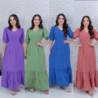 Vestido longo feminino tecido duna de manga curta moda evangélica