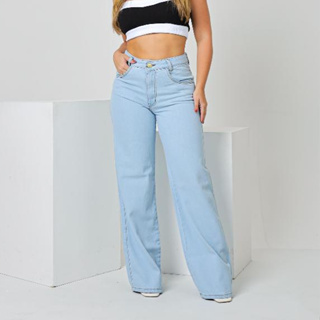 Calça jeans wide leg pantalona sem elastano lavagem clara em Oferta na Shopee