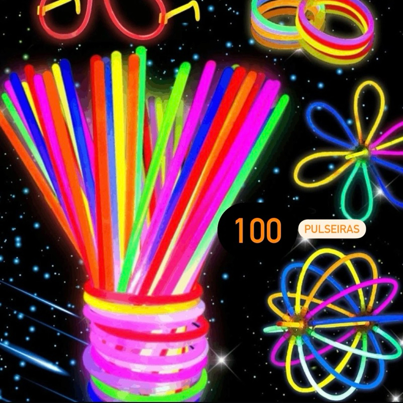 Pulseira Neon Alto Brilho Fluorescente Tubo Diversas Cores Brilha No Escuro 50~200 un OFF// em Oferta na Shopee