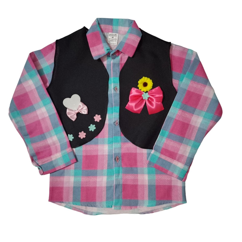 Roupa Caipira Menina De Festa Junina Camisa Xadrez Rosa Manga Longa E Colete Junino Infantil Arraial São João