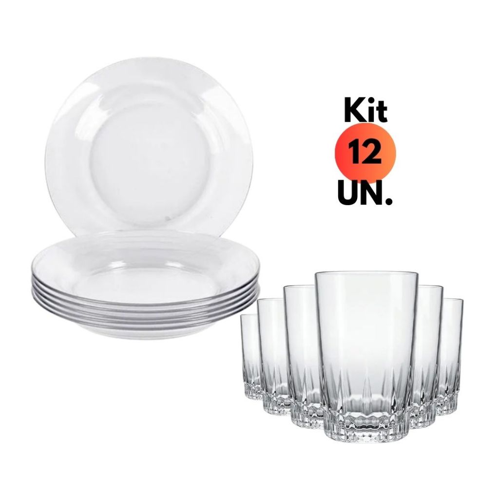 Kit Jogo Aparelho Jantar 12 Peças C/ 06 Prato Fundo Vidro Duralex Astral+ 06 Copo 240ml Vrido Suco Agua Almoço Refrigerante