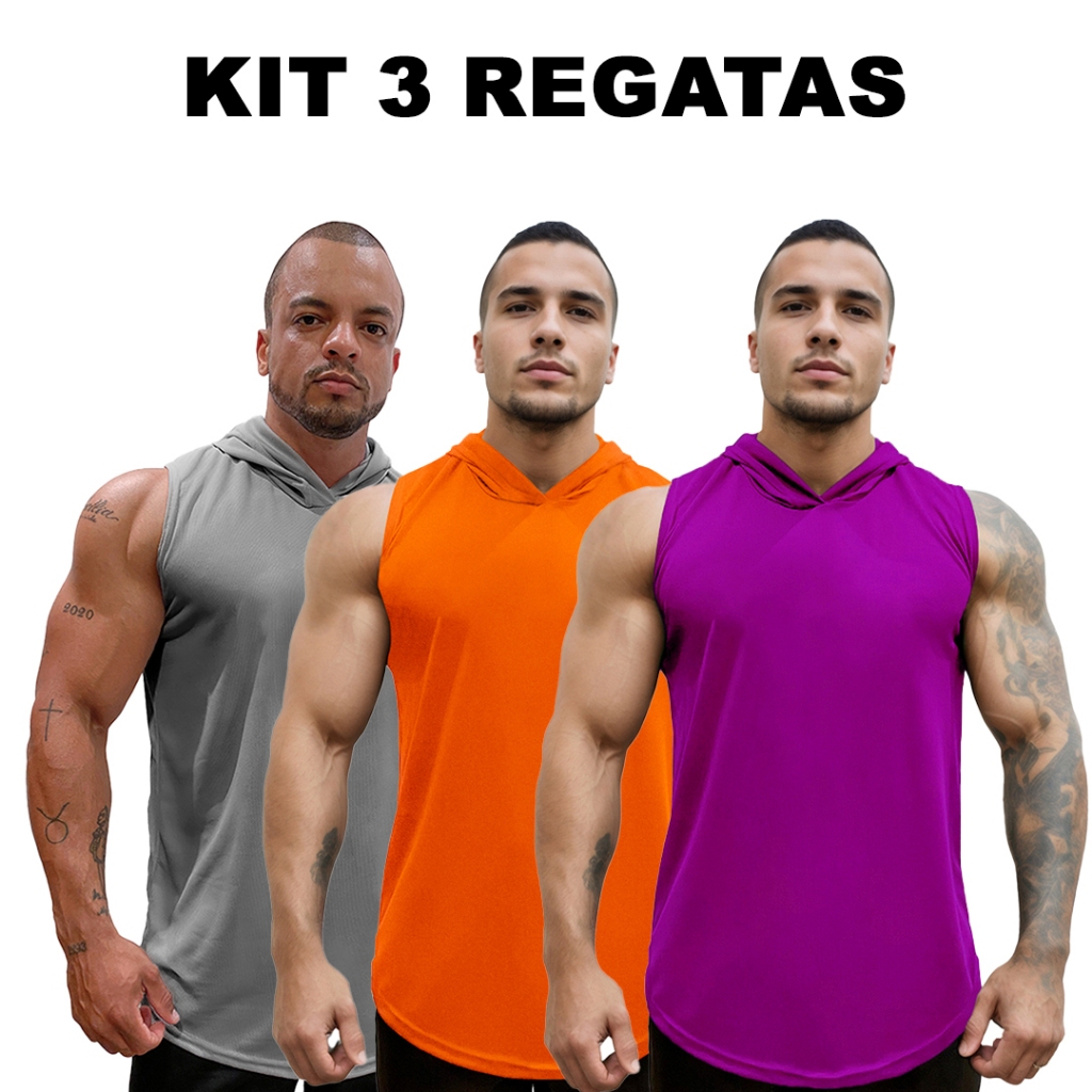 Kit 3 Regatas Metal + Laranja + Cores Dry Masculina Long com Capuz Básica Lisa Sem Estampa