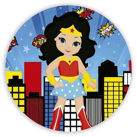 Painel Festa Infantil Redondo Mulher Maravilha Cute, Predios  Céu Azul  + Arco, Suporte incluso. Fazemos personalizado com qualquer tema. Confeccionado em Lona fosca, impressão de alta resolução. cenário Circular p/ Decoração