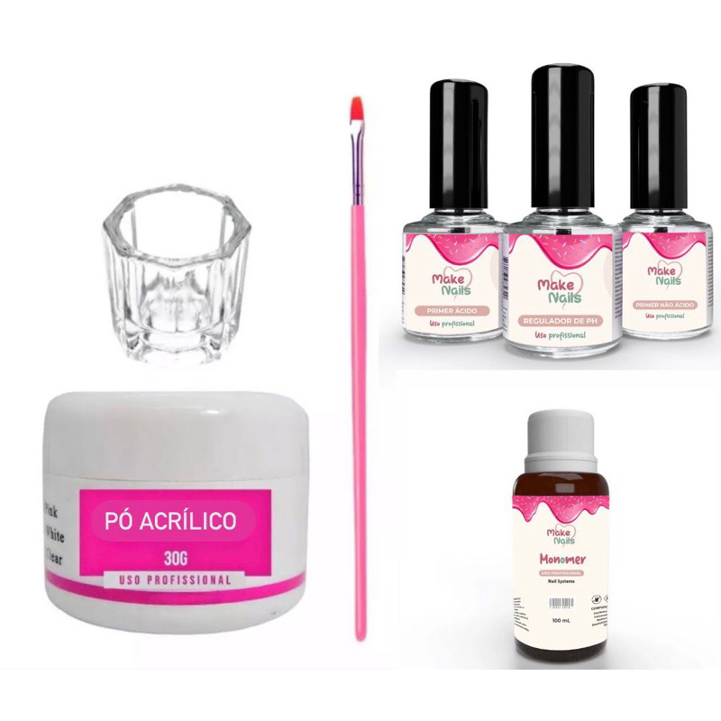 Kit pó acrílico para alongamento de acrílico fibra Poly gel make nails manicure + monomer e Kit Preparadores xed Primer ácido+Primer não ácido + regulador de ph unhas de gel acrigel porcelana e acrílico.