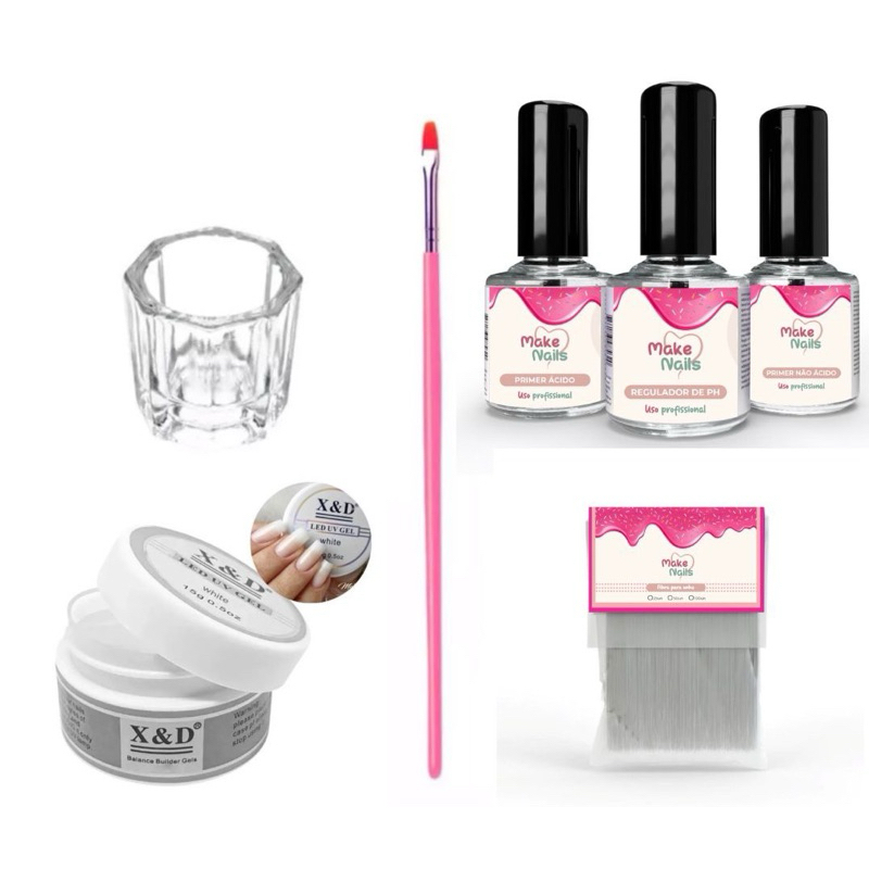 Kit unhas de gel xed  para alongamento de acrílico fibra Poly gel make nails manicure +  Kit Preparadores xed Primer ácido+Primer não ácido + regulador de ph unhas de gel acrigel porcelana e acrílico.