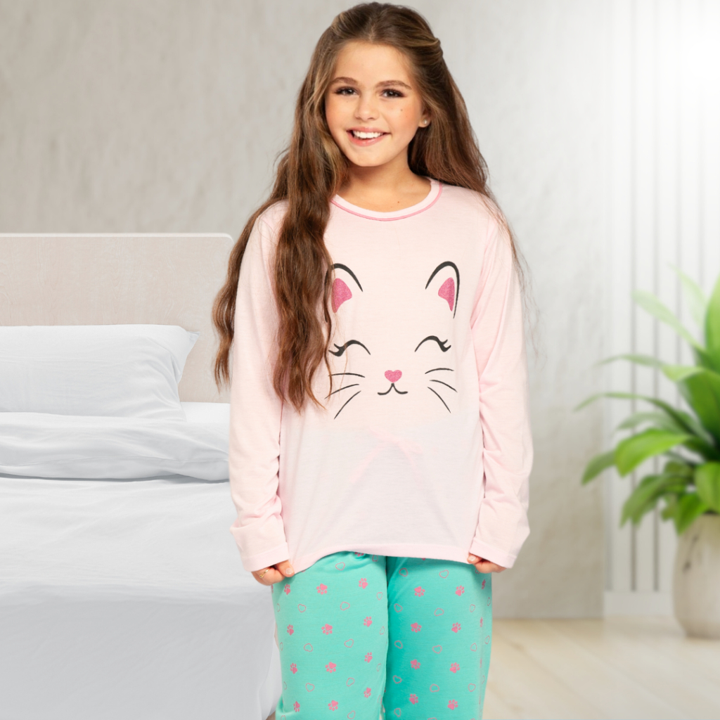 Pijama Infantil Inverno Conjunto Longo Calça e Blusa de Frio para Menina Gatinha POP