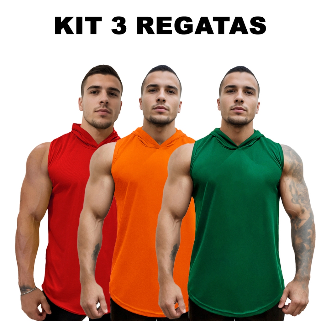 Kit 3 Regatas Vermelho + Laranja + Cores Dry Masculina Long com Capuz Básica Lisa Sem Estampa