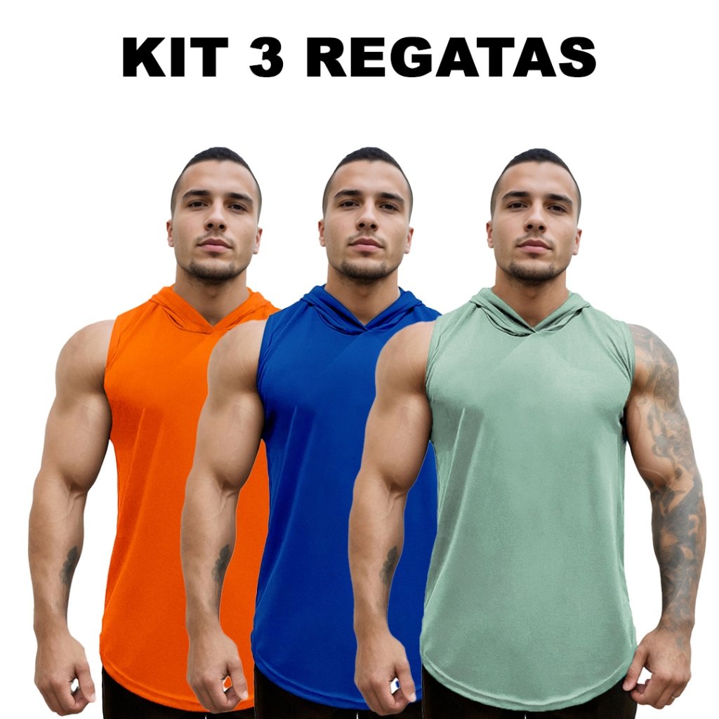 Kit 3 Regatas Laranja + Azul Royal + Cores Dry Masculina Long com Capuz Básica Lisa Sem Estampa