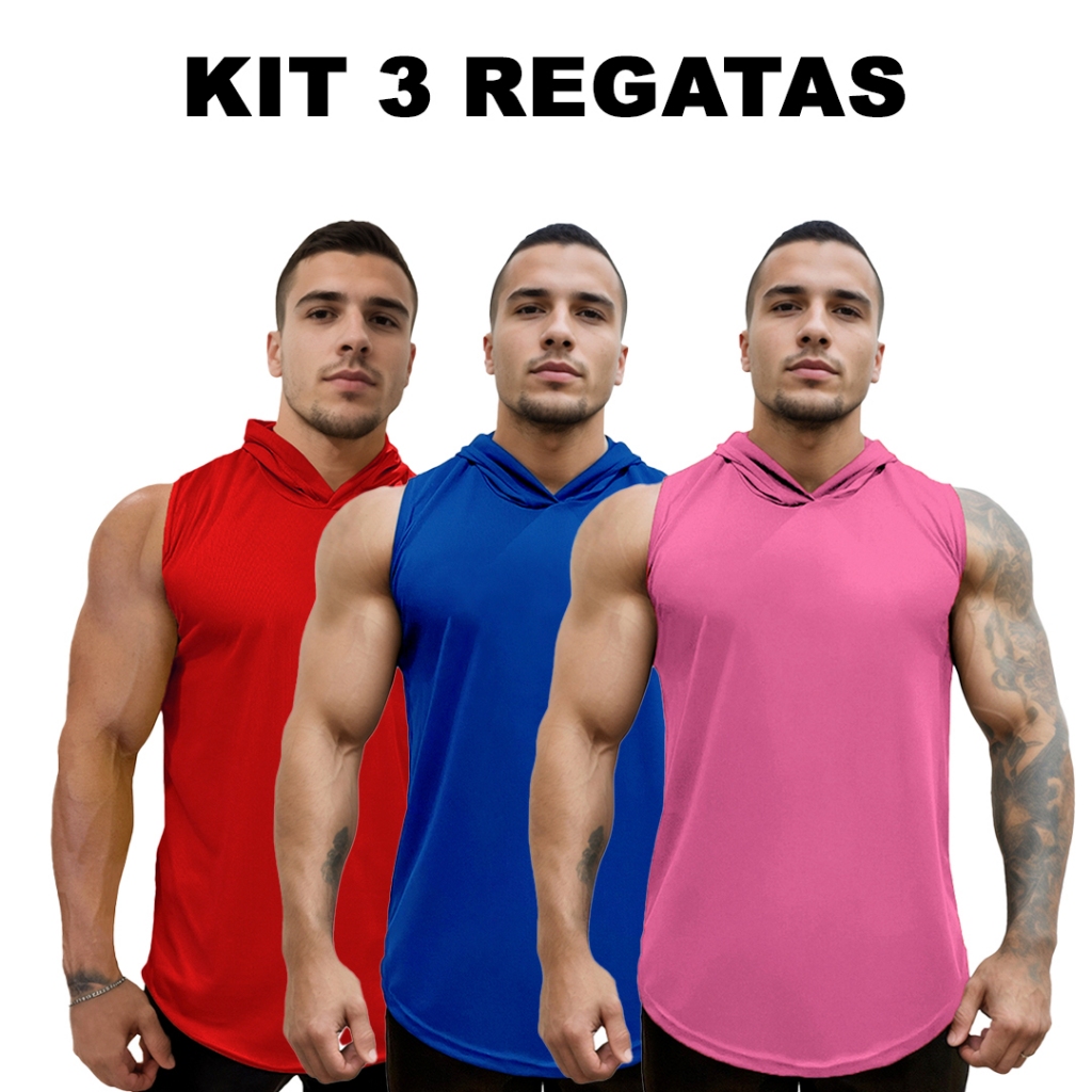 Kit 3 Regatas Vermelho + Azul Royal + Cores Dry Masculina Long com Capuz Básica Lisa Sem Estampa