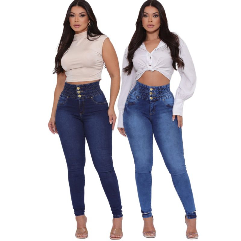 Kit C/2 Calças Jeans Feminina Com Elástico No Cós Cintura Alta Com Lycra