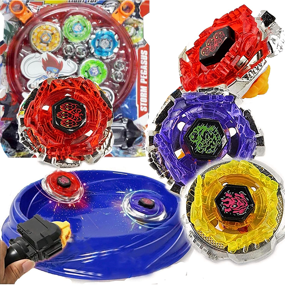 Kit 4 Beyblade Metal Com Led Luz + 2 Lançadores + 4 Ponteiras + Arena Brinquedo Pião Luz