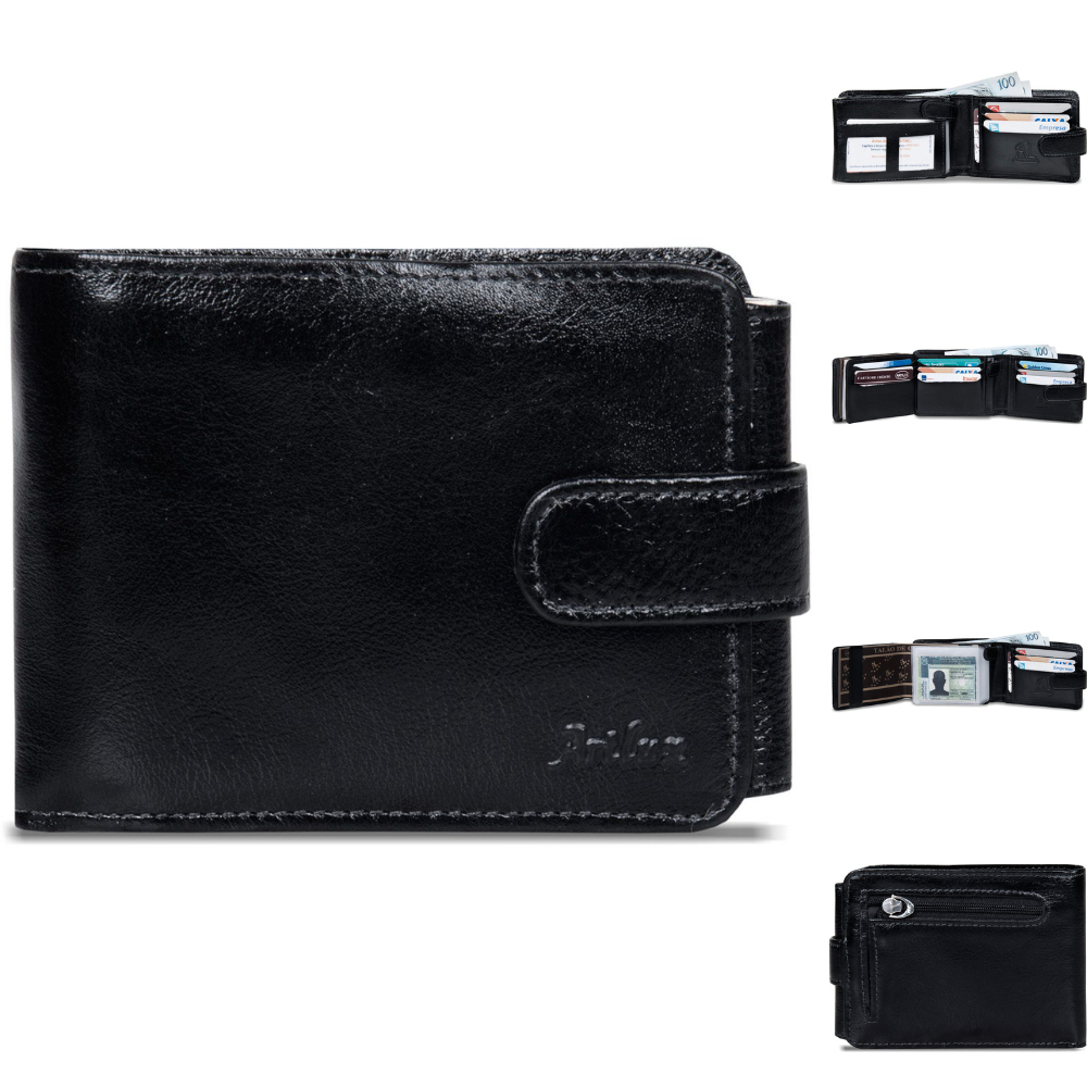 Carteira Masculina Artlux 080 Preta Em Couro Bovino Legítimo Premium Completa E Ponteira Fecho