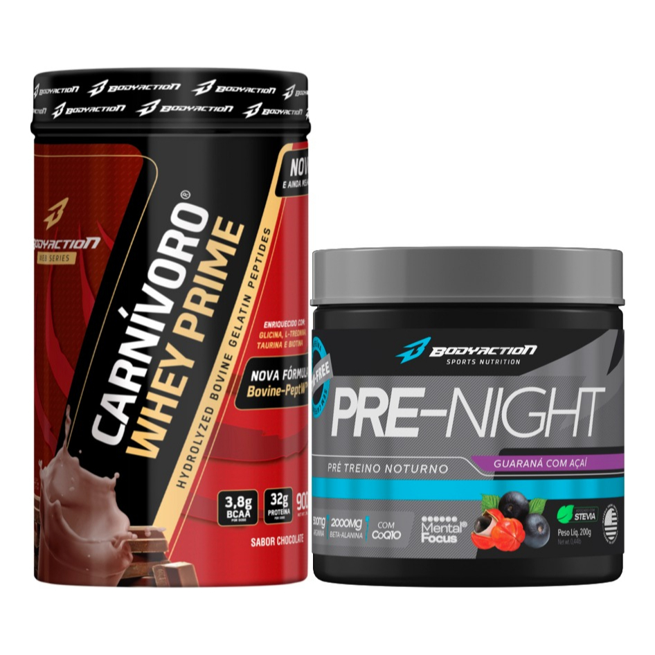 Pre Treino Sem Cafeína Noturno + Whey Isolado Carnívoro 900g Bodyaction - Health