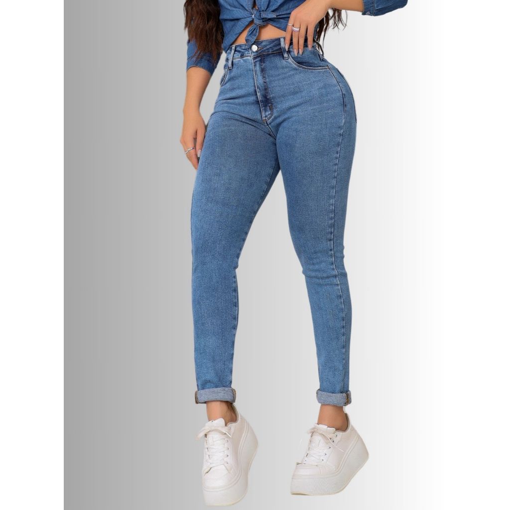 Calca Mom Fit Com Elastano Cintura Alta Tecnologia Compressora que Modela Cintura