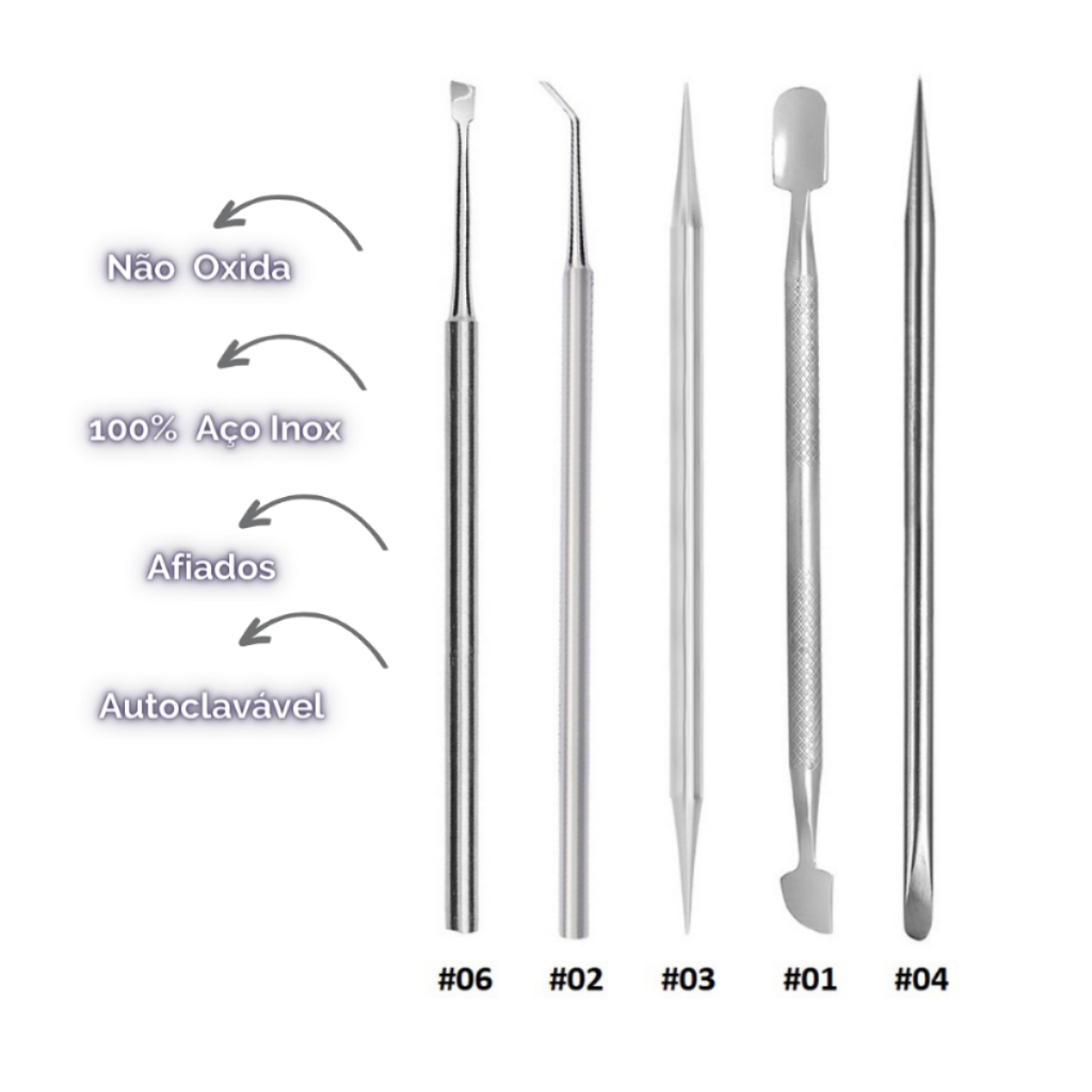 Super Kit Manicure Profissional 5 Itens Espátulas Palitos  Aço Inox - Pedicure  Podologia manicure