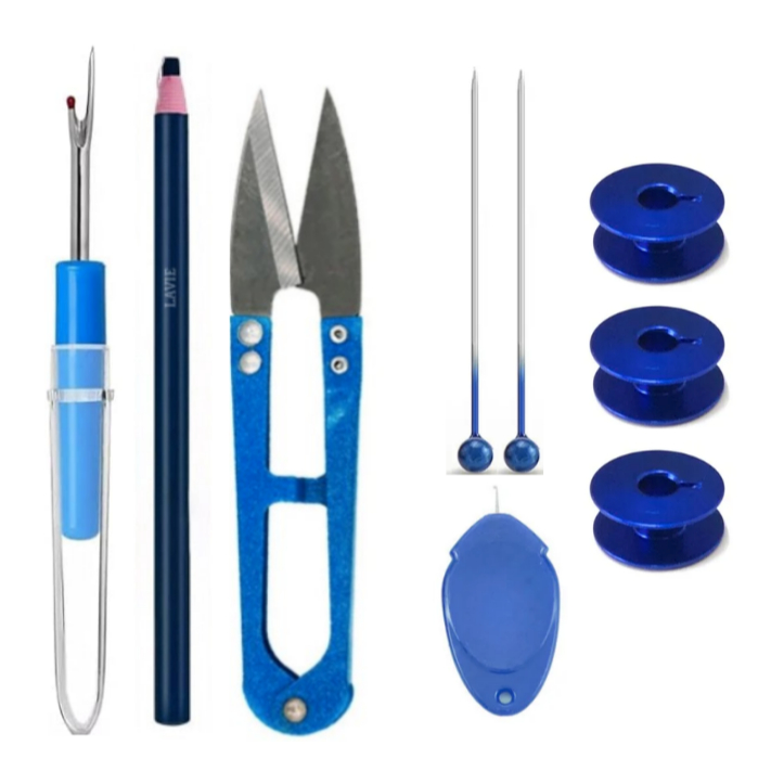 Kit Costura Bobina Alumínio Tesoura de arremate metal Passador de linha Giz lápis mágico Desmanchador de costura
