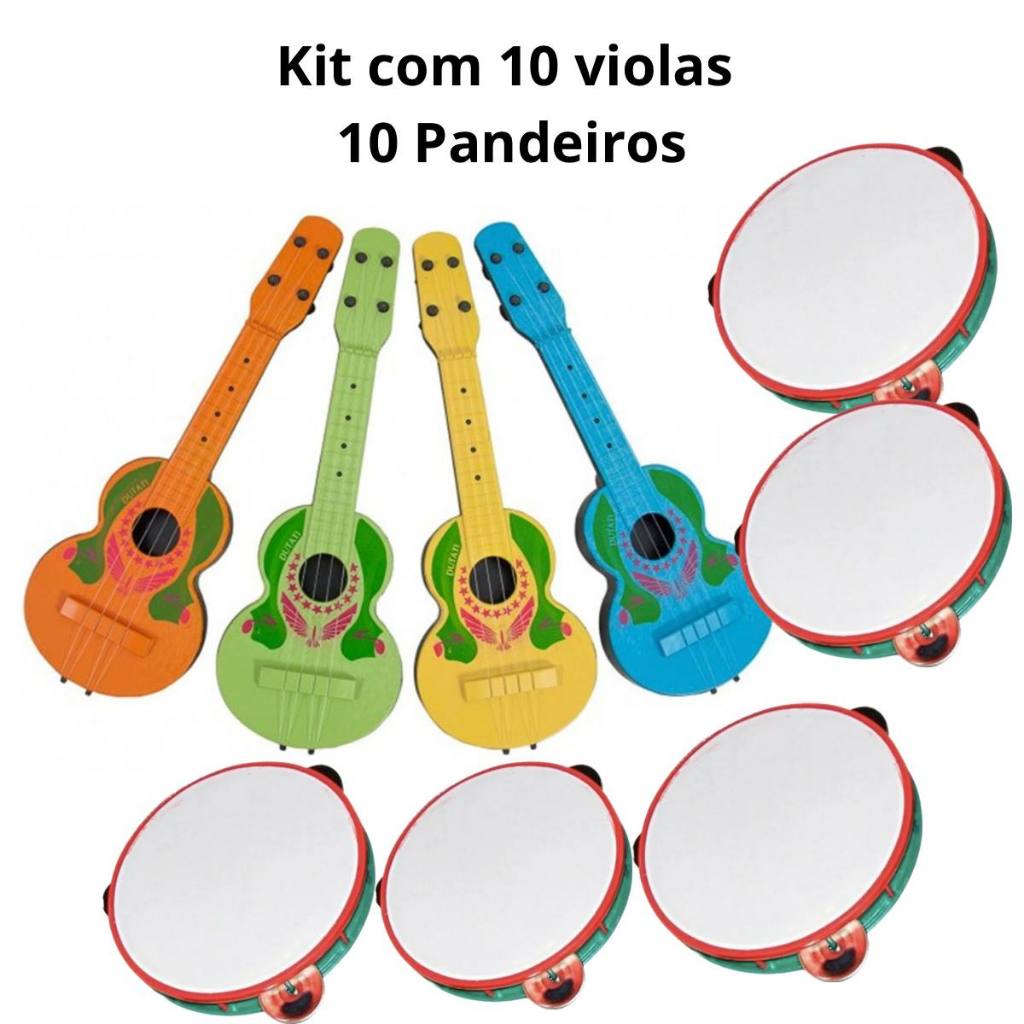 Kit 10 Viola Infantil 10 Pandeiro Brinquedo Instrumentos Musicais Violão Pandeirinho