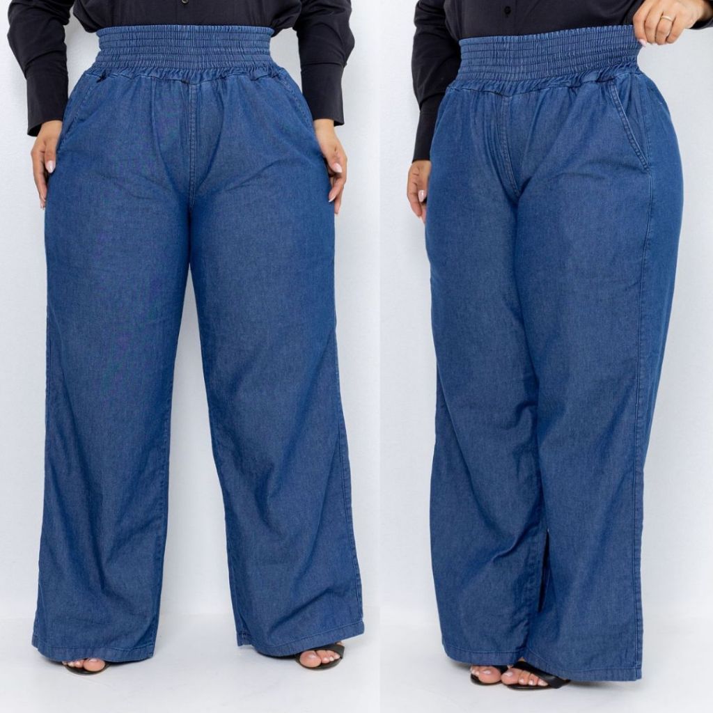 calça jeans feminina plus size soltinha com lastex cintura alta boca de sino premium