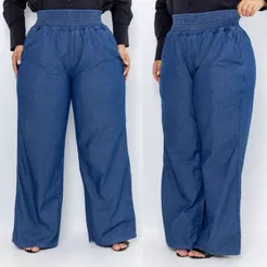calça jeans feminina plus size soltinha com lastex cintura alta boca de sino premium
