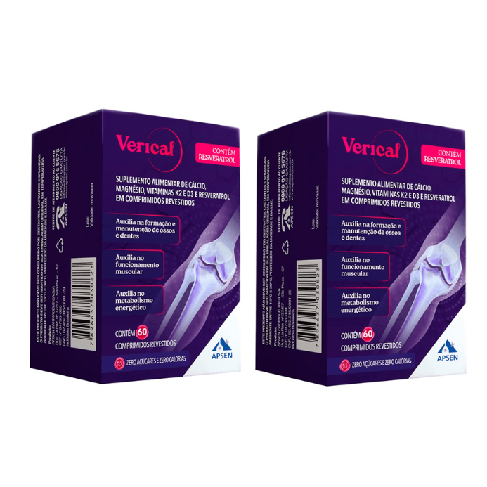 VERICAL KIT c/2 Cxs Resveratrol + Cálcio + Magnésio + Vit D3, K2 c/60 Cprs Cada Combate Osteoporose