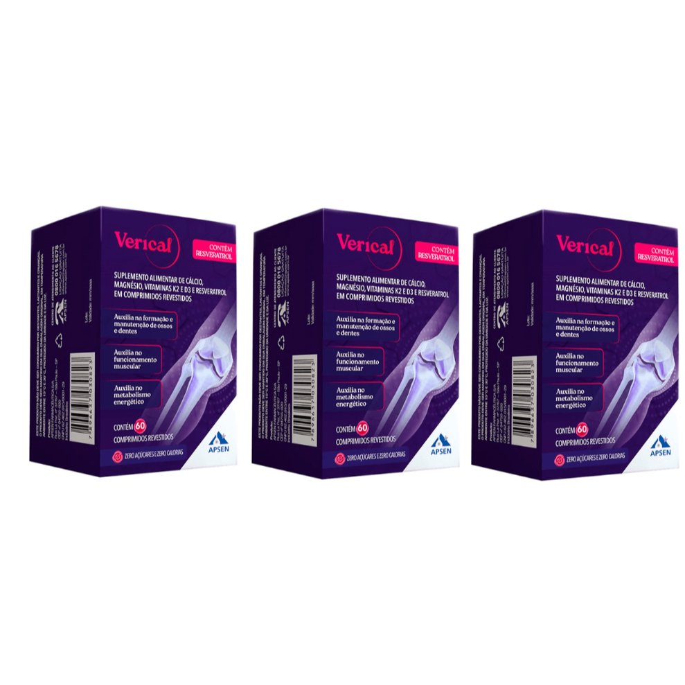 VERICAL Kit c/3 Cxs - Resveratrol + Cálcio + Magnésio + Vitamina D3 e K2 Menaquinona c/60 Cprs Cd Cx