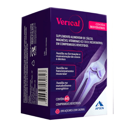 VERICAL 60 Cprs - Cálcio + VitD + K2 + Magnésio + Ajuda prevenir osteoporose deixa ossos fortes