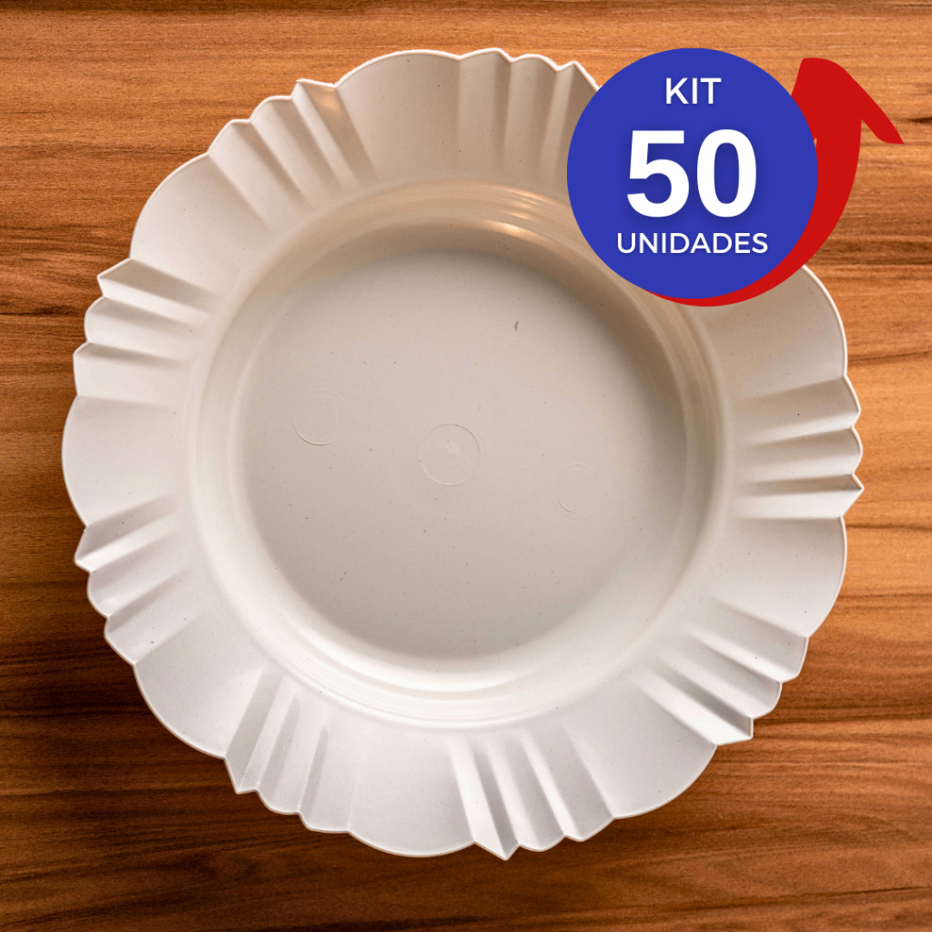 Kit 6 a 50 prato plastico fundo branco com borda pétala para refeição churrasco crianças prato redondo branco