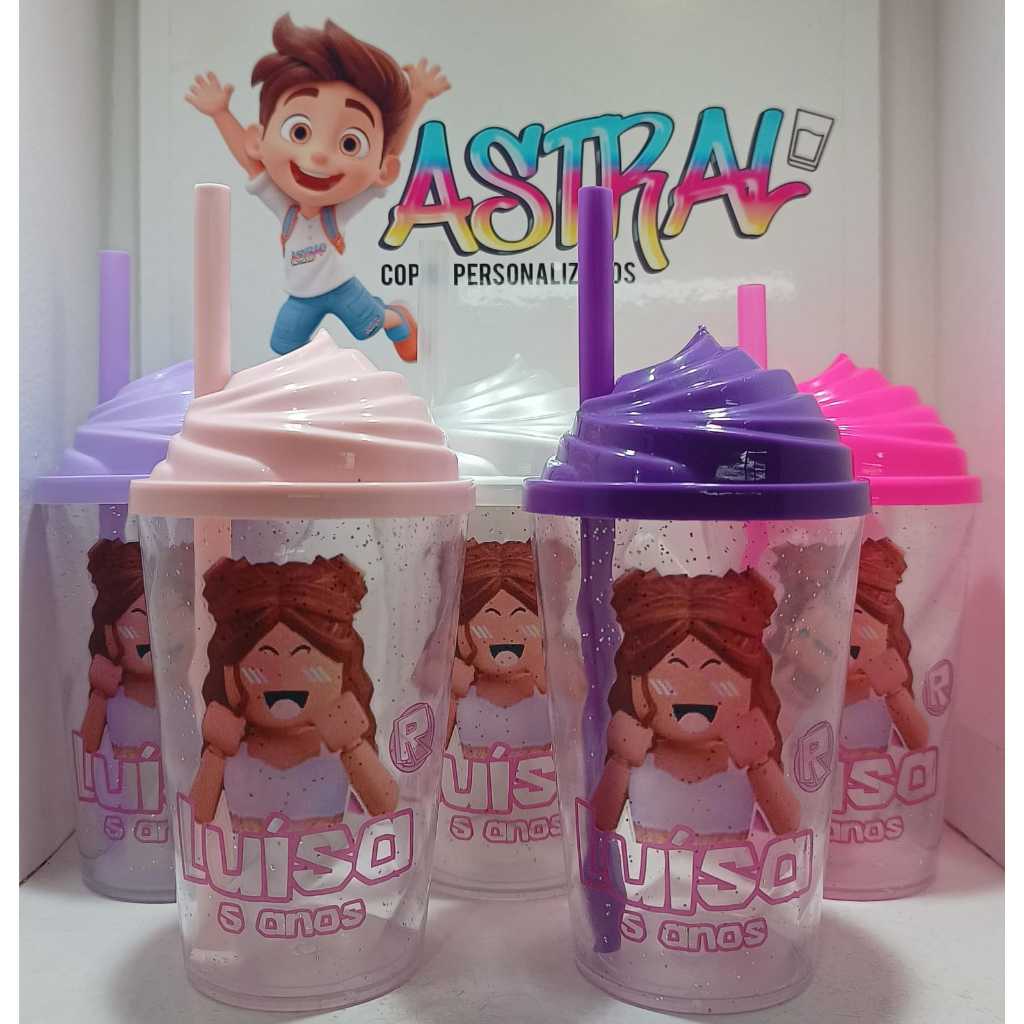 KIT COPO TWISTER PERSONALIZADO 300ML ROBLOX MENINA (TAMPA CHANTILLY) em Oferta na Shopee