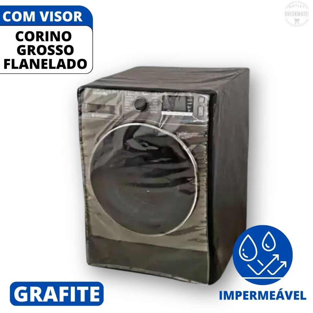 Capa Para Máquina De Lavar Frontal Flanelada Com Visor e Zíper - Cor Grafite - Para Maquinas De 9, 10 e 11kg