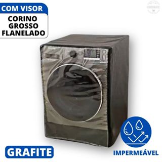 Capa Para Máquina De Lavar Frontal Flanelada Com Visor e Zíper - Cor Grafite - Para Maquin...