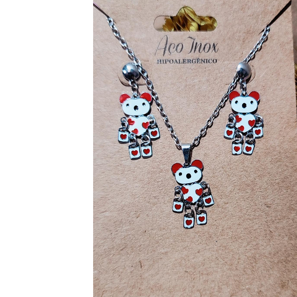 Conjunto Infantil De Colar e Brinco Ursinho Em Aço Inox - Hipoaleriênico- Não escurece