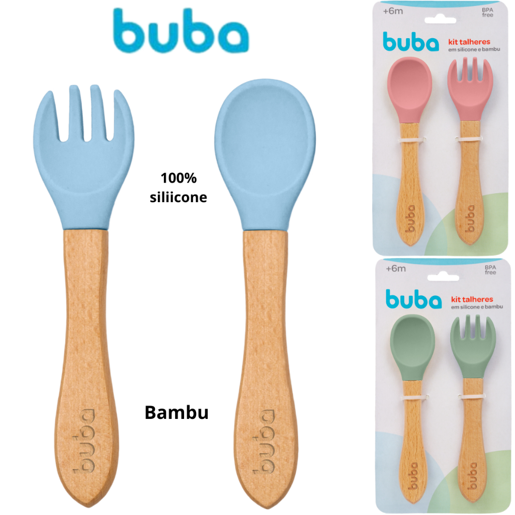Kit Talher infantil silicone Bebê Kit Talheres Silicone Bambu Bebê Buba Introdução Alimentar Bebê