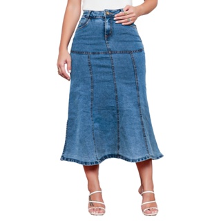 Saia Jeans Longuete Elegante Confortável Com Laicra Longa Estilosa Sereia Fashion Moda Evangélica em Oferta na Shopee