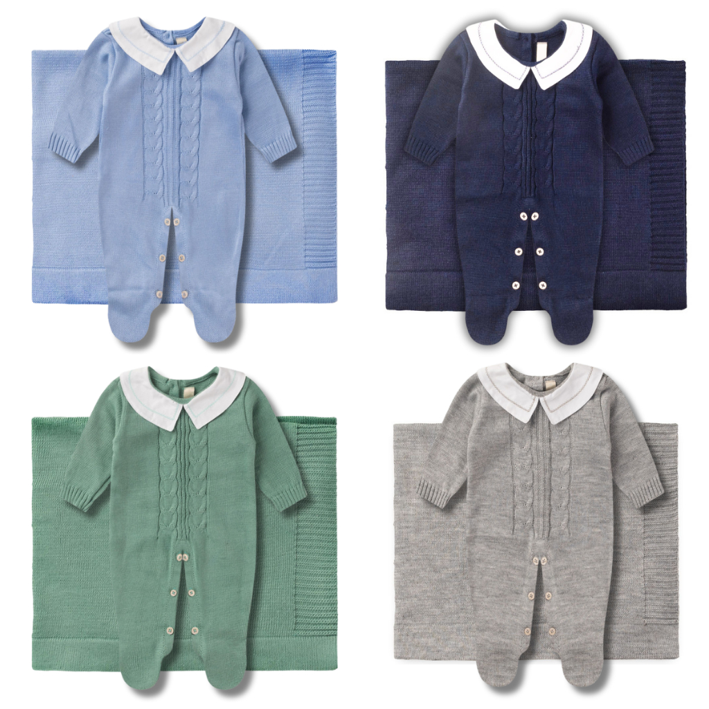 Kit Saída Maternidade Menino Tricô Macacão e Manta Tricot Bebe
