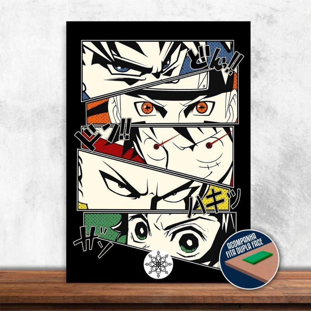 Quadro Protagonistas 20X28 cm (Naruto, Dragon Ball, One Punch, Demon Slayer e One piece)