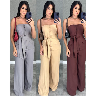 Conjunto Feminino Tomara que caia com botões e cintos tecido alfaiataria calça pantalona