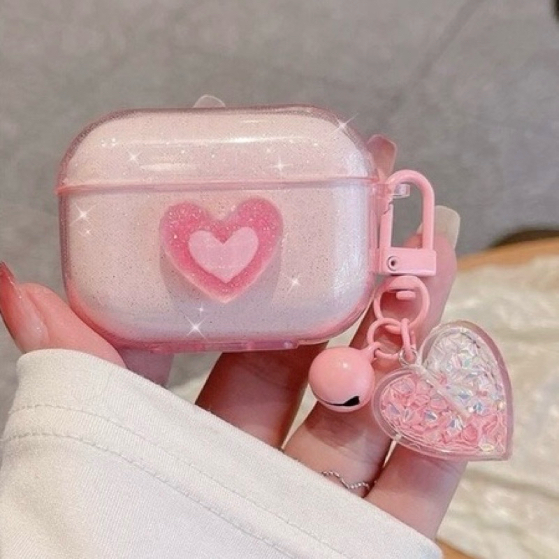 Case Coração Rosa para AirPods 1 2 3 4 Pró e Pró 2 transparente com Glíter
