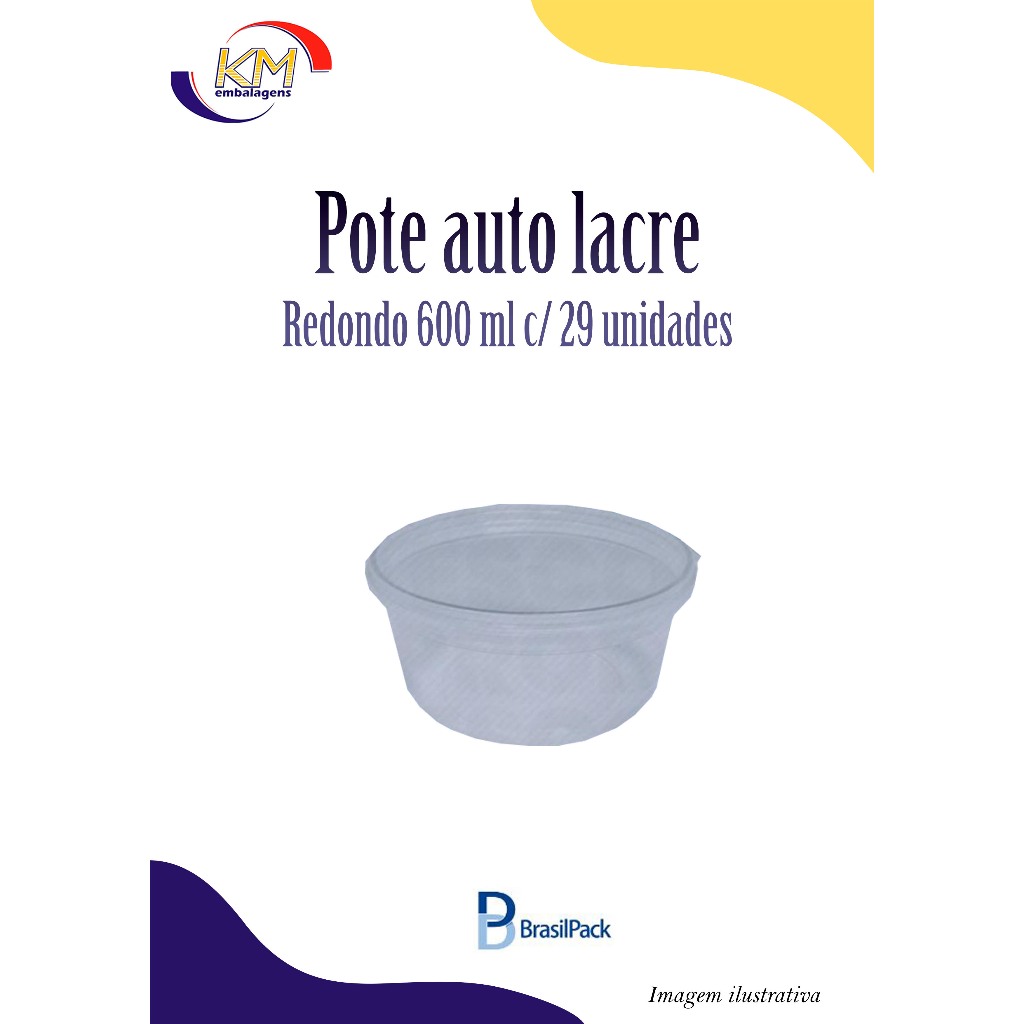 Pote Redondo 600 ml com tampa lacre - 29 unidades  Pote que une funcionalidade com tampa, a facilidade da abertura em lacre e as vantagens do plástico PET.  Excelente vedação, conservando as propriedades do alimento por mais tempo.  Embalagem totalmente t