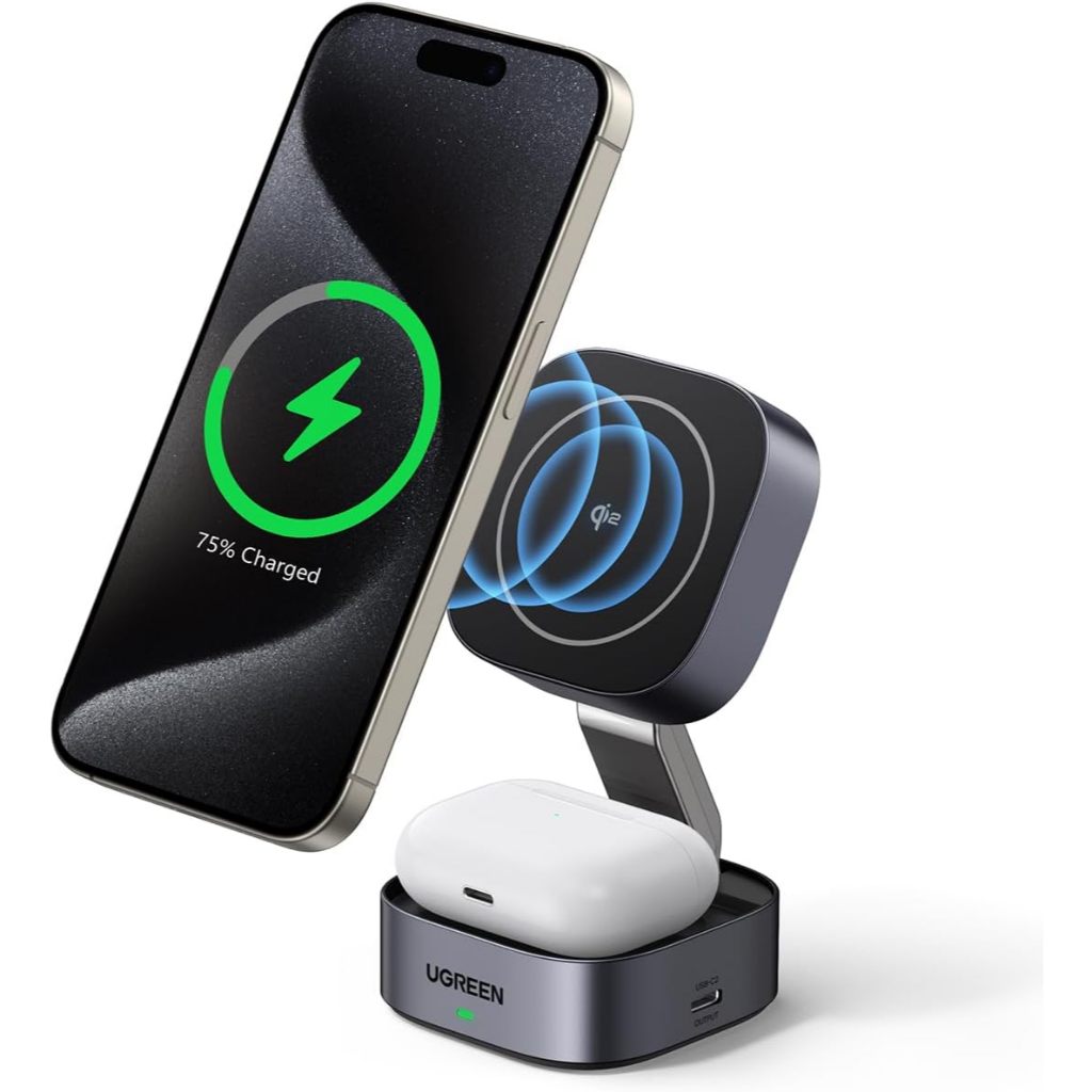 Carregador indução sem fio ugreen 15W Suporte magnético 2 em 1 Qi2 Compatível Ma