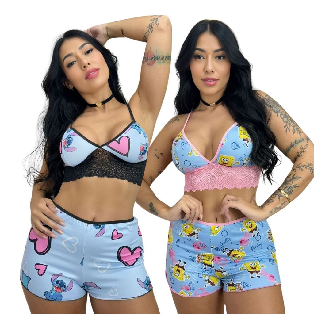 2 Baby Doll Feminino Estampado Renda Personagem Stiich Pijama Dormir Short Cropped 603 em Oferta na Shopee
