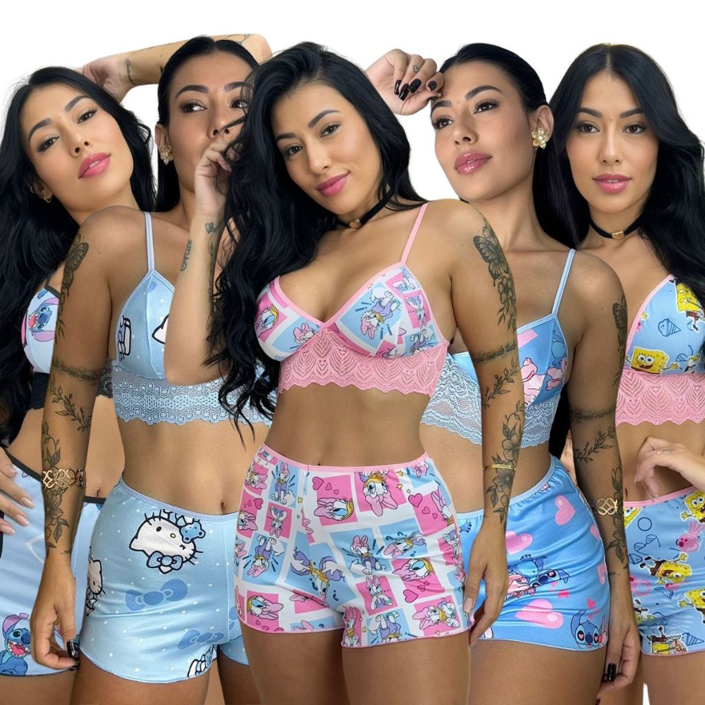 Kit Baby Doll Estampado Renda Personagem Stiich Pijama Dormir Short Curto Cropped Alça 603