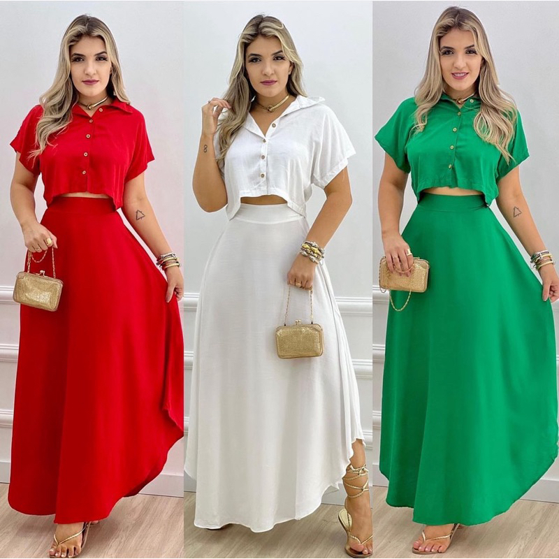 Conjunto Feminino Livia Cropped e Saia Longa em Oferta na Shopee
