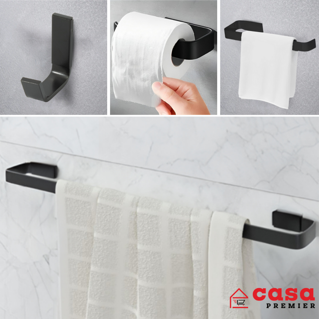 Kit Acessórios Conjunto Banheiro 4 Peças Square Quadrado Preto Fosco Alumínio Suporte